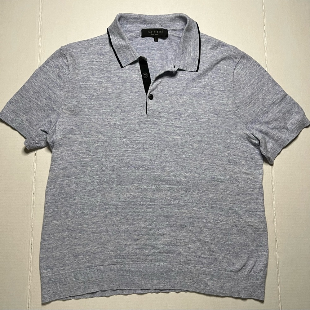 Rag & Bones Polo Shirt Mens Large Light Blue Casual Preppy Lucas Contrast Tipped